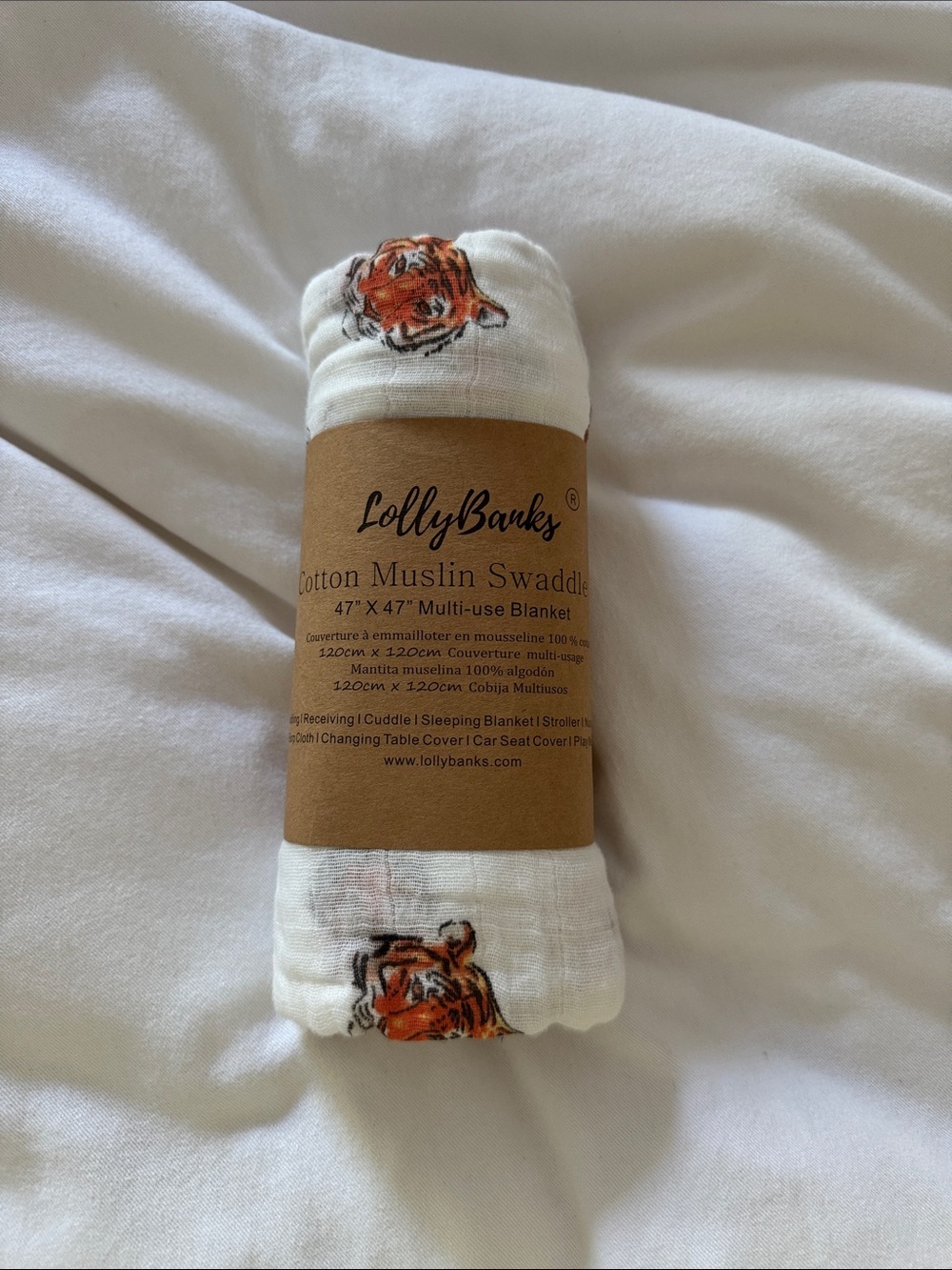 White Cotton Muslin Swaddle with Tiger Print